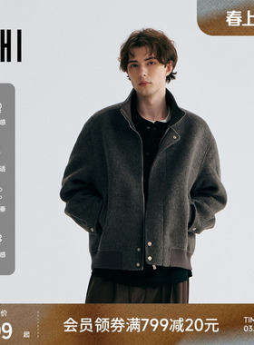 USHI悠时 简约复古日常通勤质感时尚微阔男装春季双面毛呢大衣
