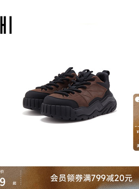 USHI悠时时尚撞色拼接设计潮酷街头厚底休闲鞋复古流行皮鞋男鞋