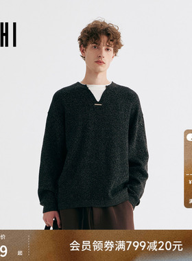 USHI悠时假两件设计微落肩休闲舒适简约内搭男装冬季长袖毛衫