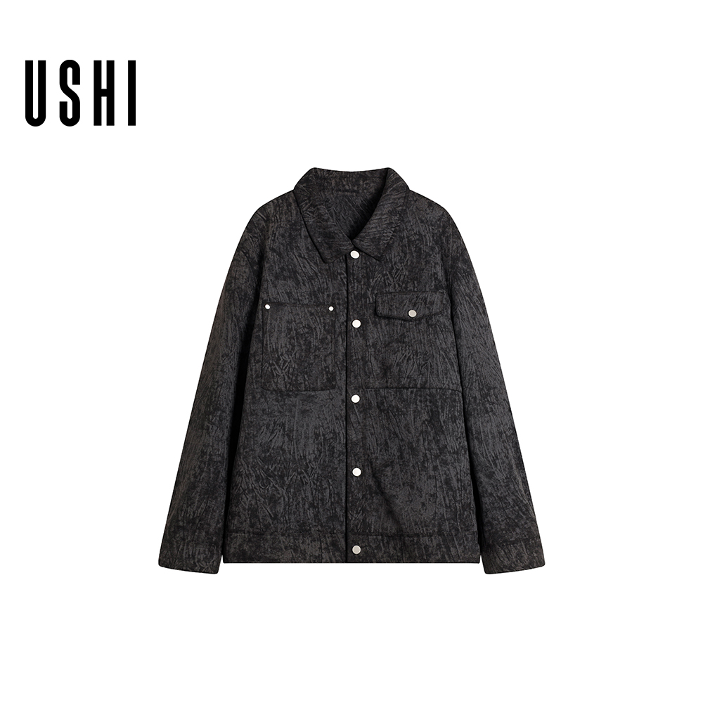 USHI悠时 男士箱型短款夹克立体纹理翻领设计街头潮酷廓形外套男