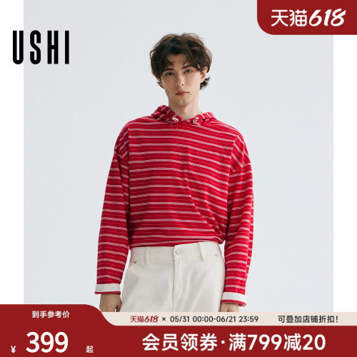 USHI悠时 复古休闲柔软细腻亲肤针织红色条纹连帽男装春季长袖T恤