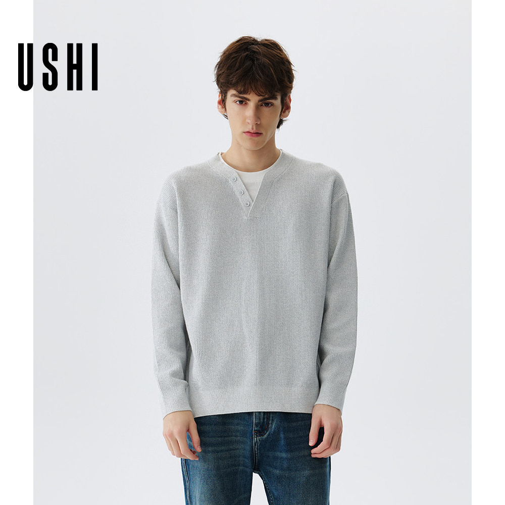 USHI悠时 假两件针织衫男秋冬慵懒亨利领套头毛衣保暖百搭打底衫