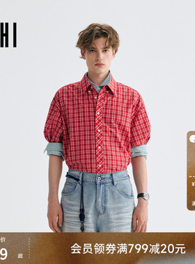 USHI悠时 日常时尚舒适简约挺阔有型色织格子男装春季短袖衬衫