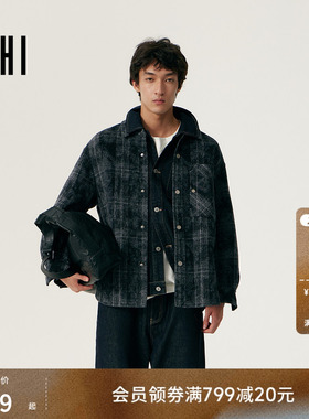 USHI悠时 时尚格纹翻领衬衫式毛呢大衣外套都市休闲通勤男装上衣