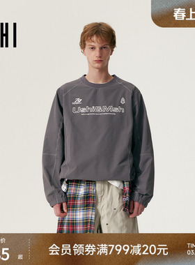 USHI悠时 时尚撞色明辑线潮酷印花圆领长袖T恤抽绳下摆户外男装