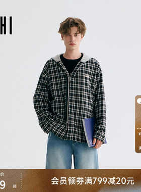USHI悠时 格纹连帽潮流时尚日常休闲阔形长袖衬衫2026年春季男装