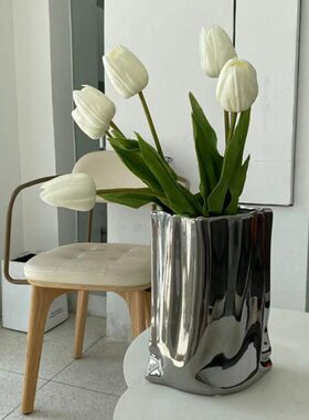 omoo 手工郁金香电镀陶瓷花瓶桌面摆件客厅插花现代简约装饰品器