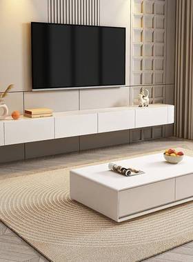 悬空视柜实现代简约白色电悬浮奶客木厅家用YCU卧室油风岩板电视