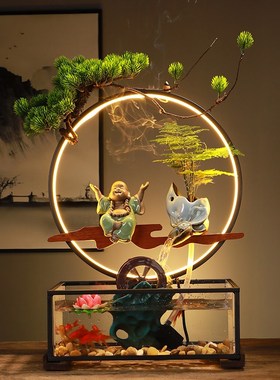 中式招财流水鱼缸喷泉创意摆件办公室客厅玄关灯圈倒流Z香开业礼