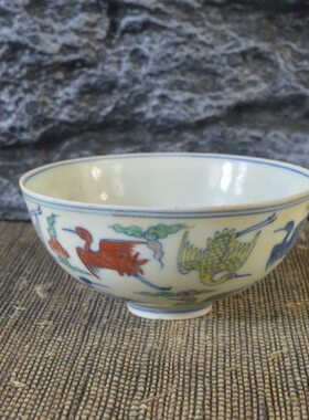 仿古瓷器 复古做旧明成化风格 斗彩仙鹤纹瓷碗 古董古玩摆件收藏