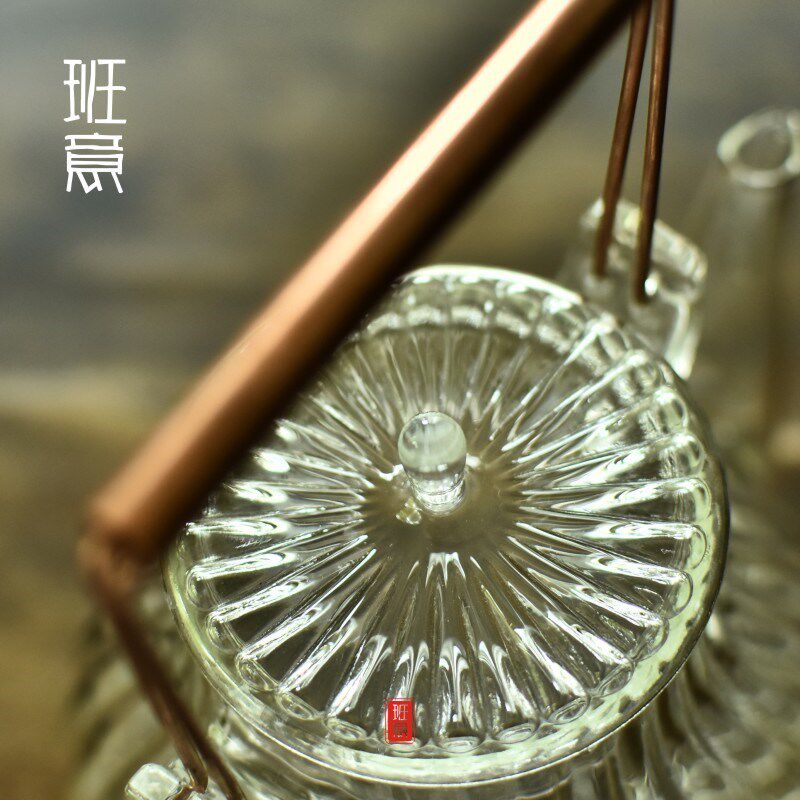 手工鹤首菊瓣筋纹汤沸玻璃烧水壶泡茶专用电陶炉煮茶器铜把提梁壶