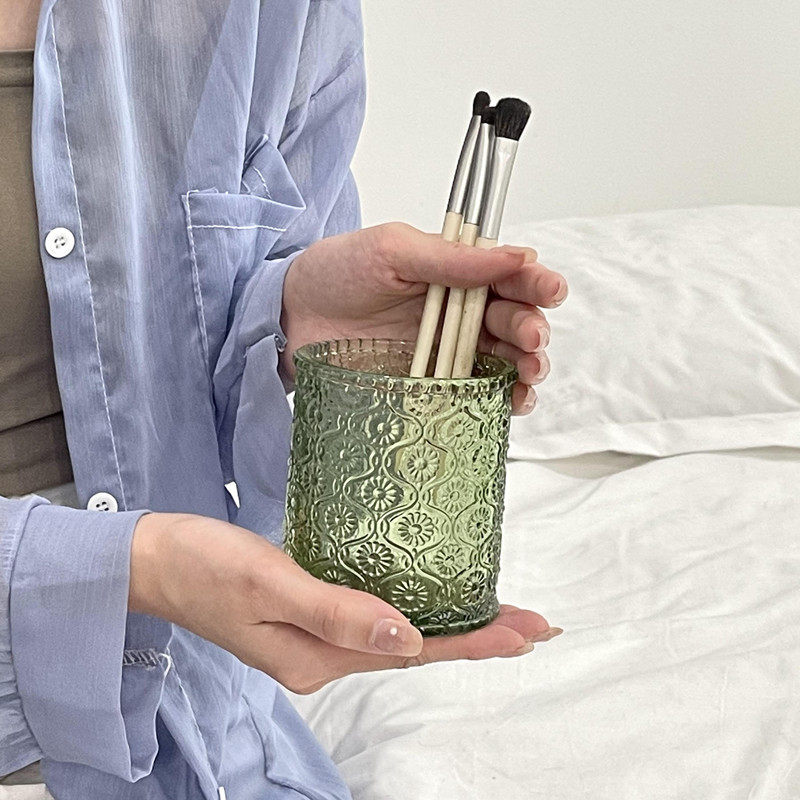 复古ins风化妆刷桶眉笔筒浮雕玻璃笔筒小众装饰简约摆件桌面收纳