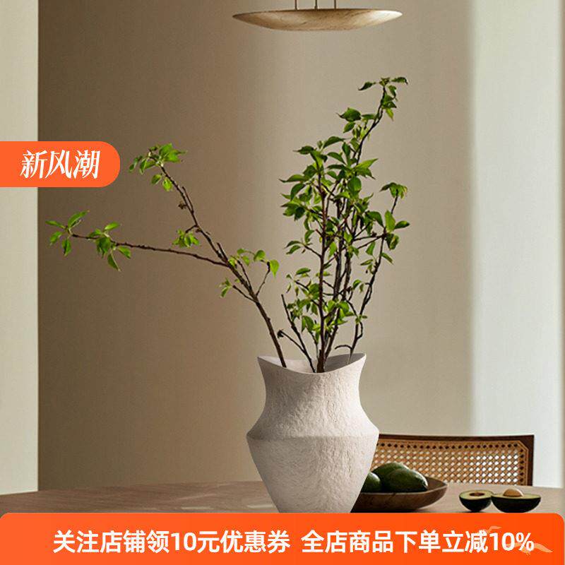 法式中古奶油风复古粗陶陶土白色陶瓷花瓶大口径轻奢高级感摆件