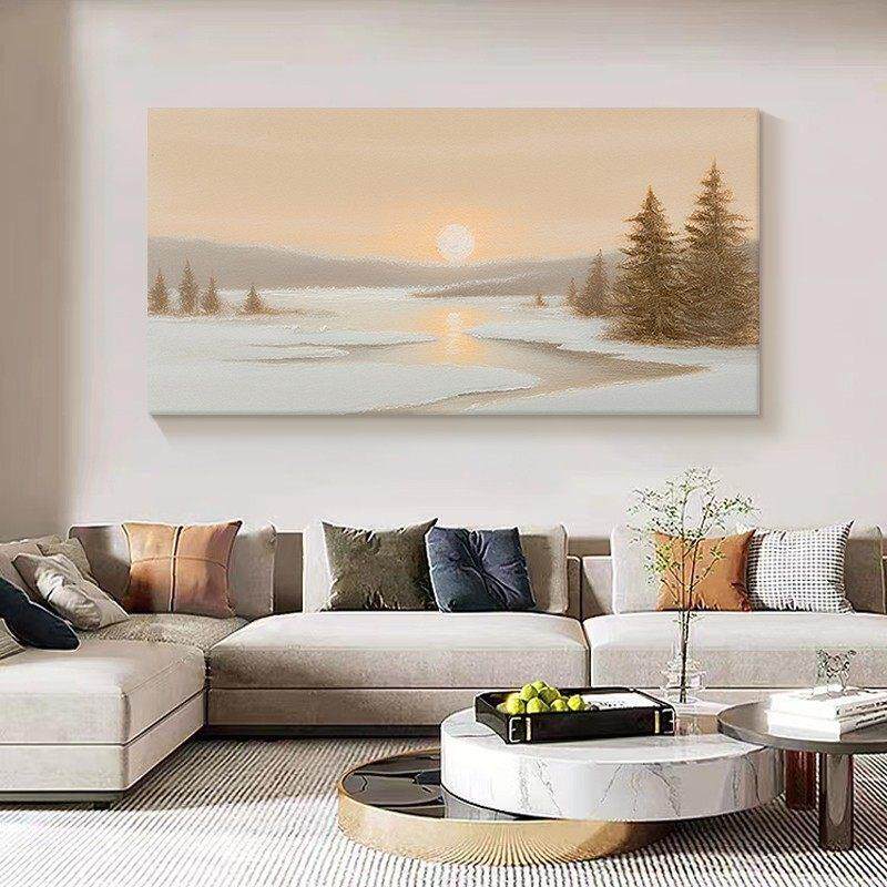 侘寂风旭日东升风景客厅装饰画 画肌理手绘油画 画日出东方卧室床