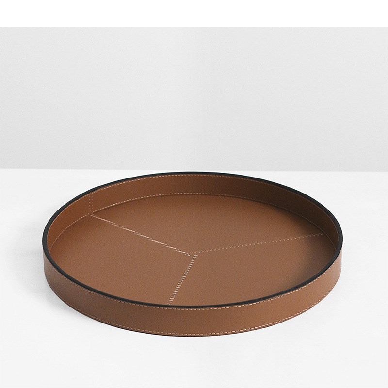 现代轻奢米e色橘色几何圆形托盘高档皮质收纳盘样板间装饰品摆件