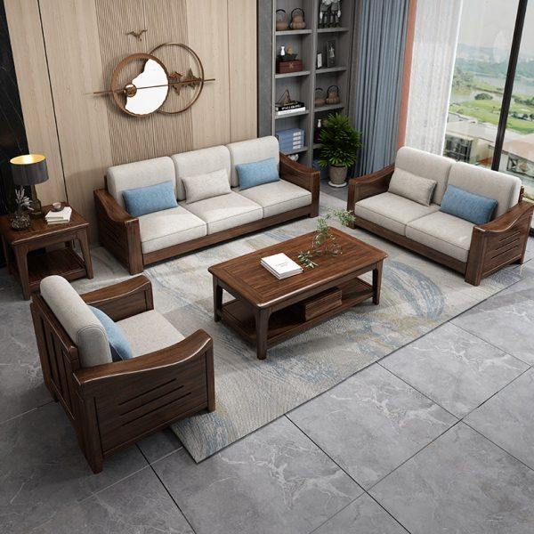 简约现代胡桃木实木沙发组合贵妃转角布艺的小户型客厅新中式家具