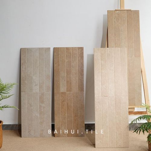 中古风仿莱姆石长条砖300xv900大地色复古民宿餐厅背景墙仿古瓷砖