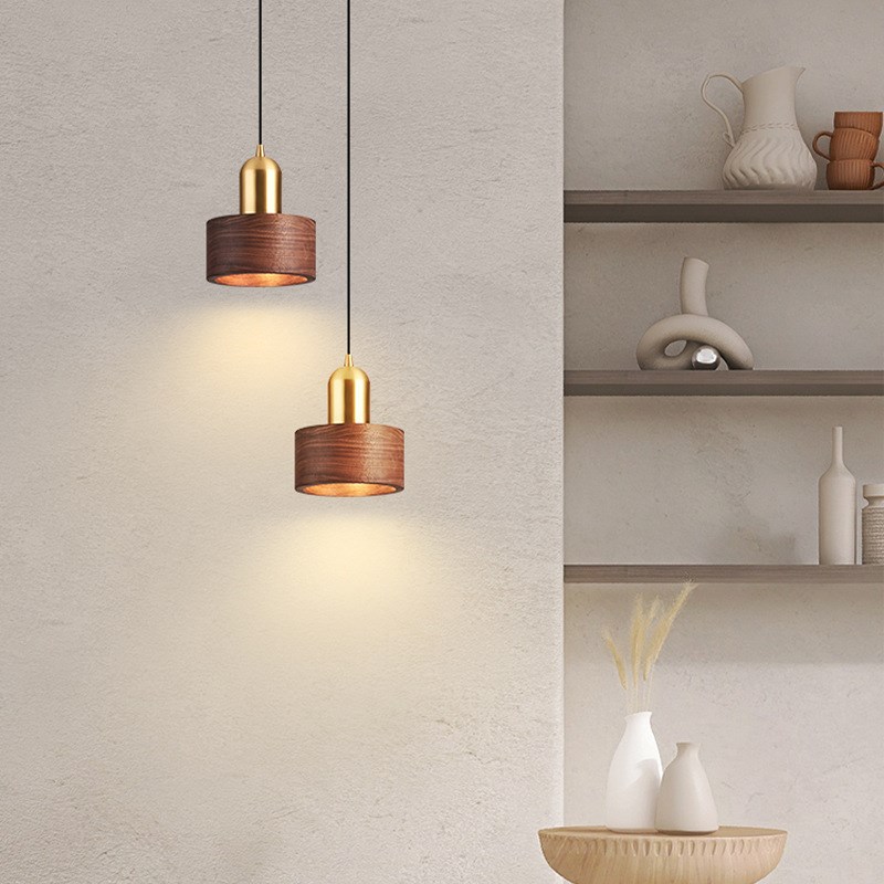 卧室床头吊灯轻奢新款创意复古全铜胡桃色实木Q吧台餐厅长线小吊