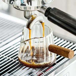 手冲咖啡小奶盅玻璃导流杯木柄大量杯蜜酱浇汁壶咖啡萃取杯带刻度