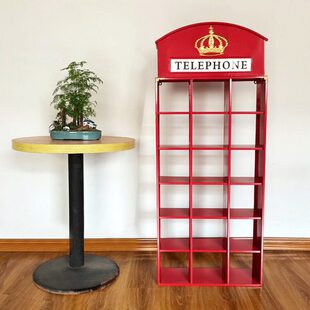 英伦风电话亭装饰实用置物架金属铁艺手工收纳摆件摄影道具工艺品