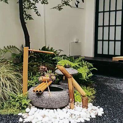 物喜一侘惊鹿流水中式庭院竹子石钵水景造景古法缸循环水竹制喷泉