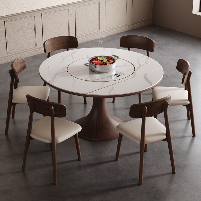 中古风实木折e叠小蛮腰岩板餐桌带电磁炉小户型家用伸缩可变圆餐