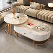 亮光岩板茶几家用客厅轻奢现代小户型可伸缩茶几桌加厚带抽屉简约