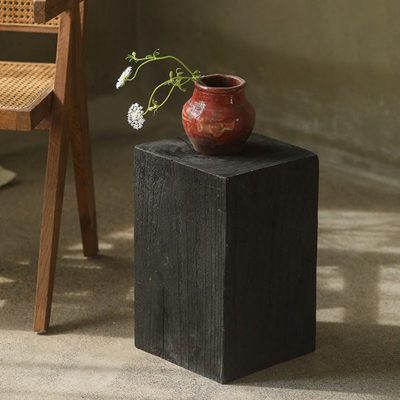 黑色方形侘寂风沙发原木小边几实木喝茶小茶几复古民宿装饰品摆件