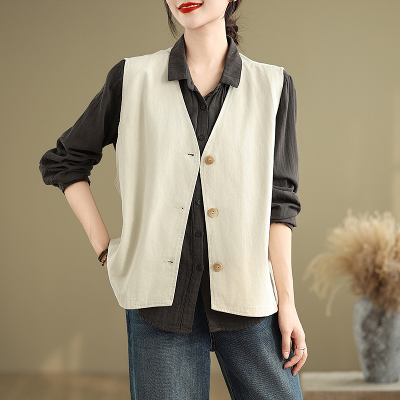 实拍秋装设计感V领马甲女宽松2025新款纯棉坎肩百搭马夹无袖外套