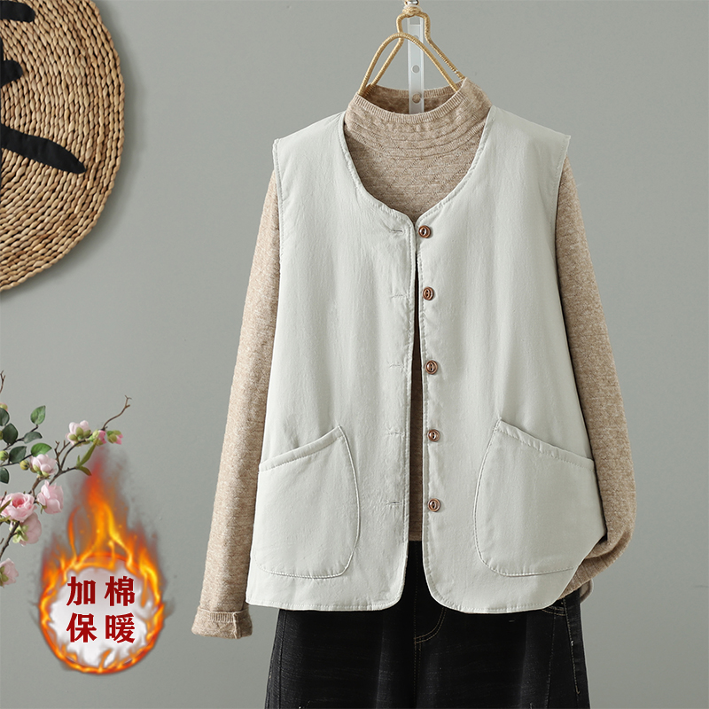 实拍 2025秋冬新款棉服马甲女保暖文艺复古棉袄马夹