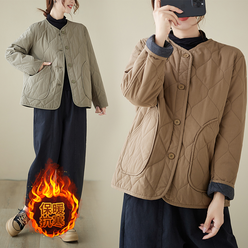 实拍2025秋冬夹棉圆领长袖棉衣 宽松日系复古绗棉单排扣棉服外套