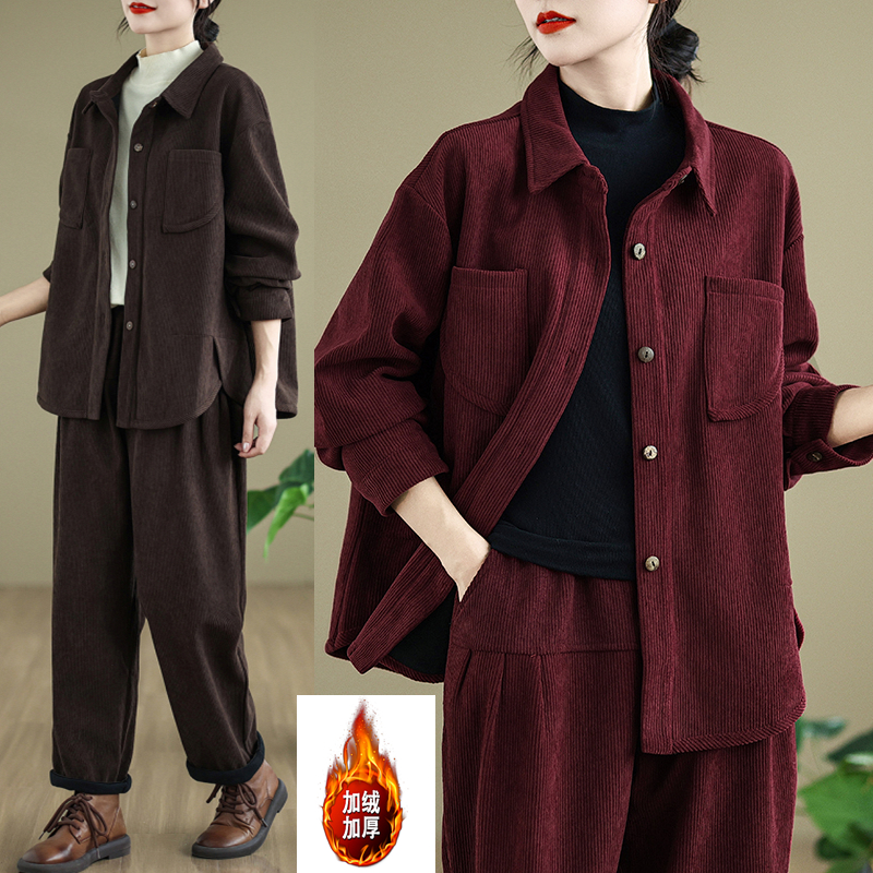 实拍中年妈妈秋冬加绒外套洋气运动服套装中老年女装灯芯绒两件套