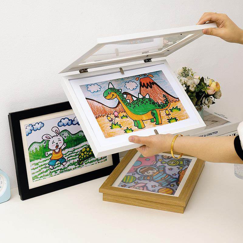 儿童收纳画框挂立两用磁吸翻盖耐用木质相框儿童A4涂鸦艺术相框,家居饰品,DIY亲子装饰画,淘宝优惠券,粉丝福利购,淘宝优惠卷