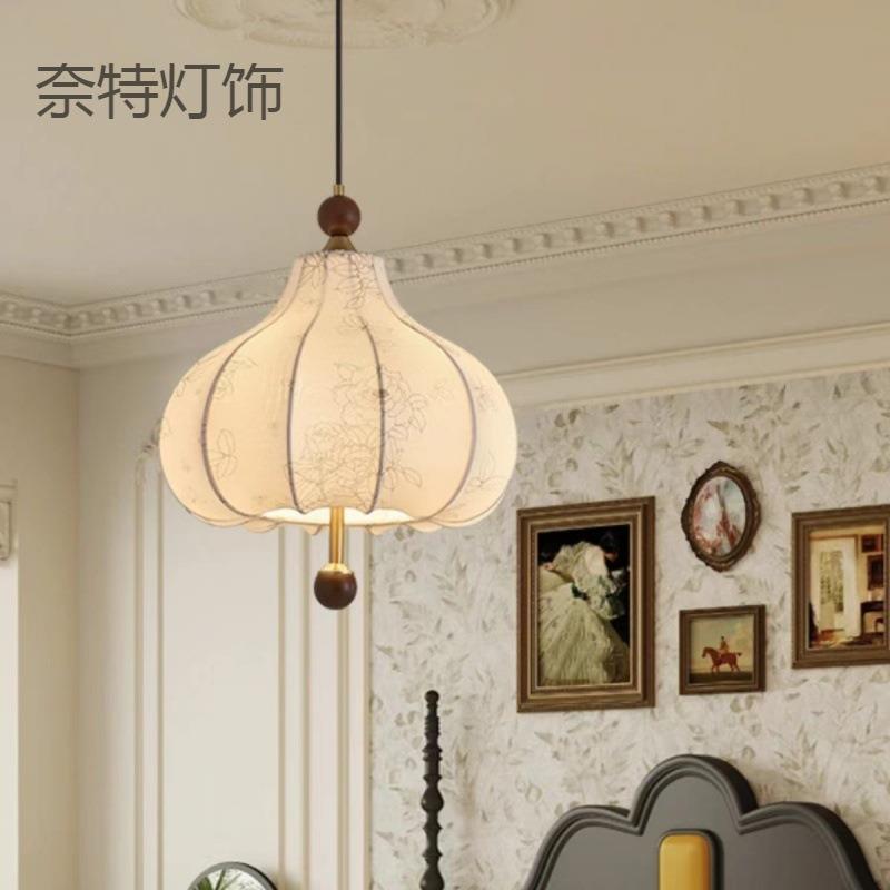 复古风法式卧室布艺吊灯花纹中古餐厅吧台南洋实木浪漫房间主灯具