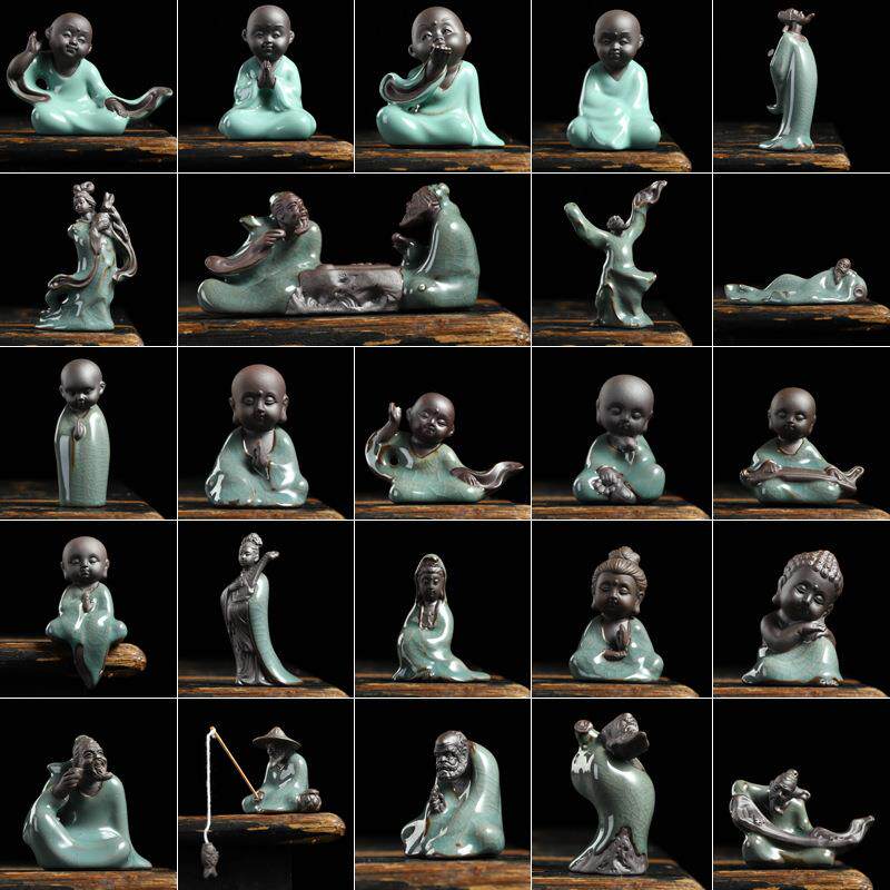 花宠禅意茶宠迷你小摆件陶瓷创意哥窑弥勒小和尚微景观花盆装饰品