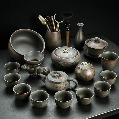 建水紫陶功夫茶具套装家用客厅复古陶瓷茶壶紫砂茶杯礼盒整套