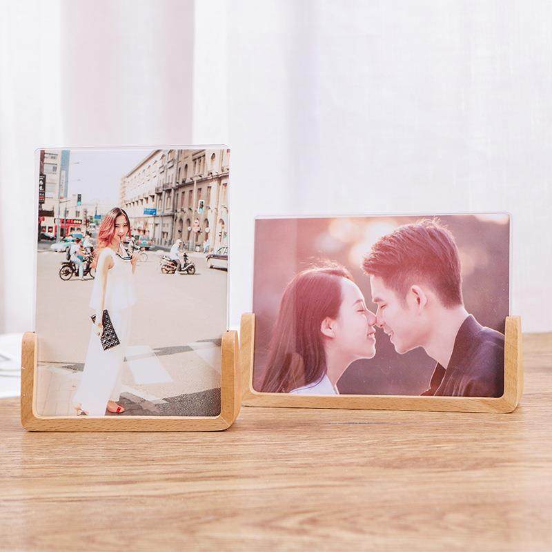 实木U型桌面相框摆台宣传海报框亚克力56781011寸相架手工实木