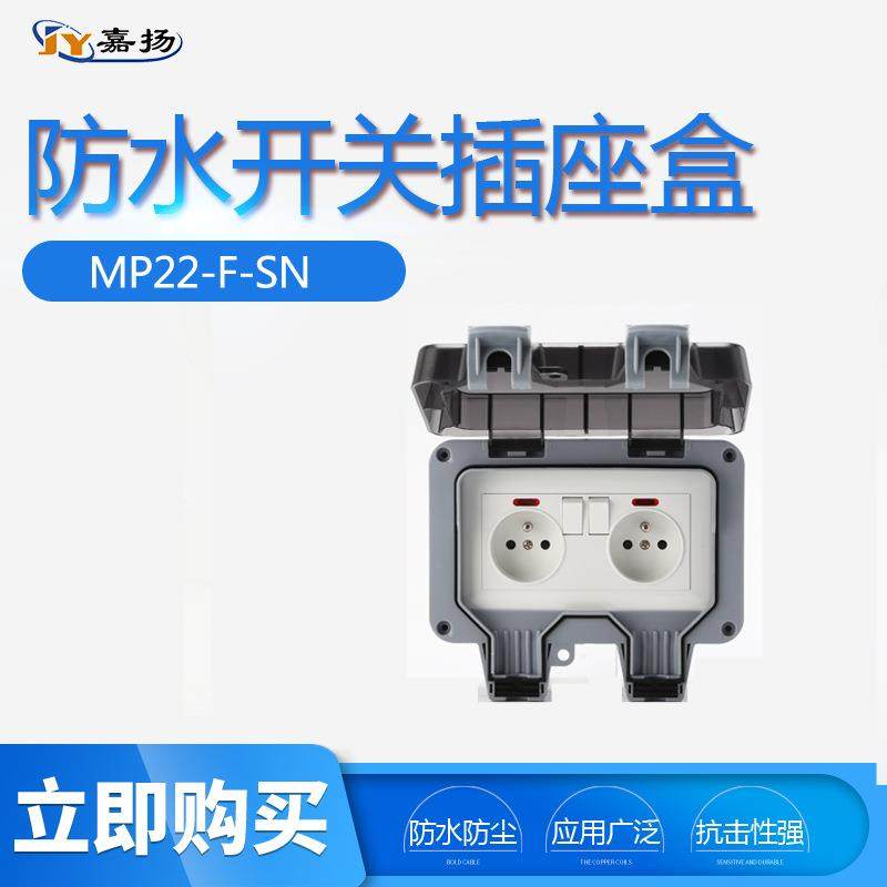 IP66户外防水插座 浴室防溅防暴雨插座欧标法式双联带开关指示灯