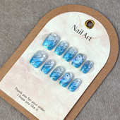 渐变蓝色猫眼儿童穿戴甲短款 蓝海星钻海豚高级感显白可爱美甲贴片