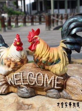 创意公鸡母鸡树脂欢迎牌客厅动物招财家居饰品摆件电视柜桌面摆设