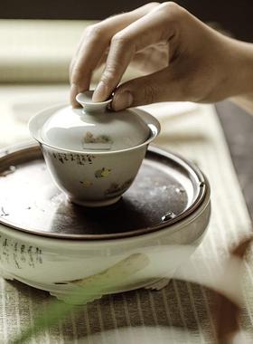 束刻古陶瓷手工菖JXCP蒲福灵碗家用茶碗薄胎不复烫手泡功夫盖茶具