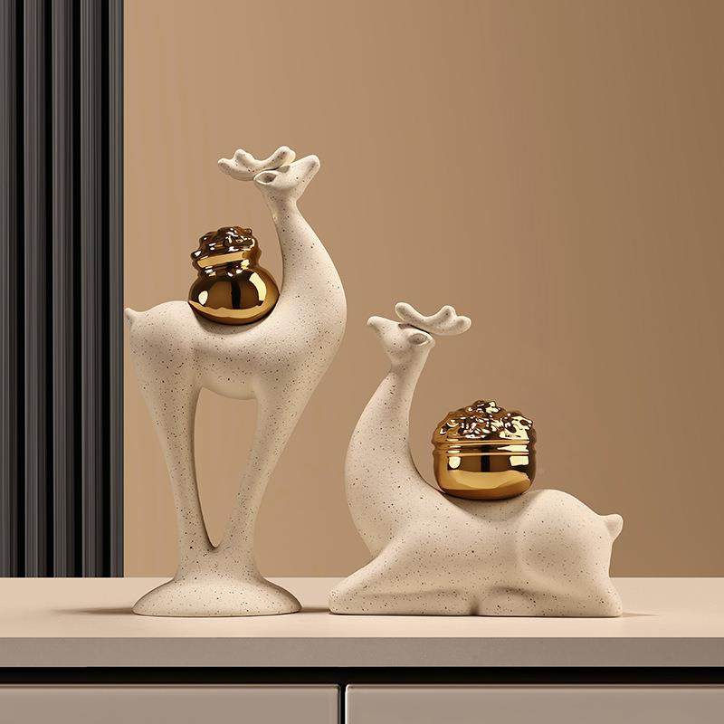 贝美新中式创意一鹿汉生财陶瓷玄摆件家乔迁家居关客厅新桌面YNK