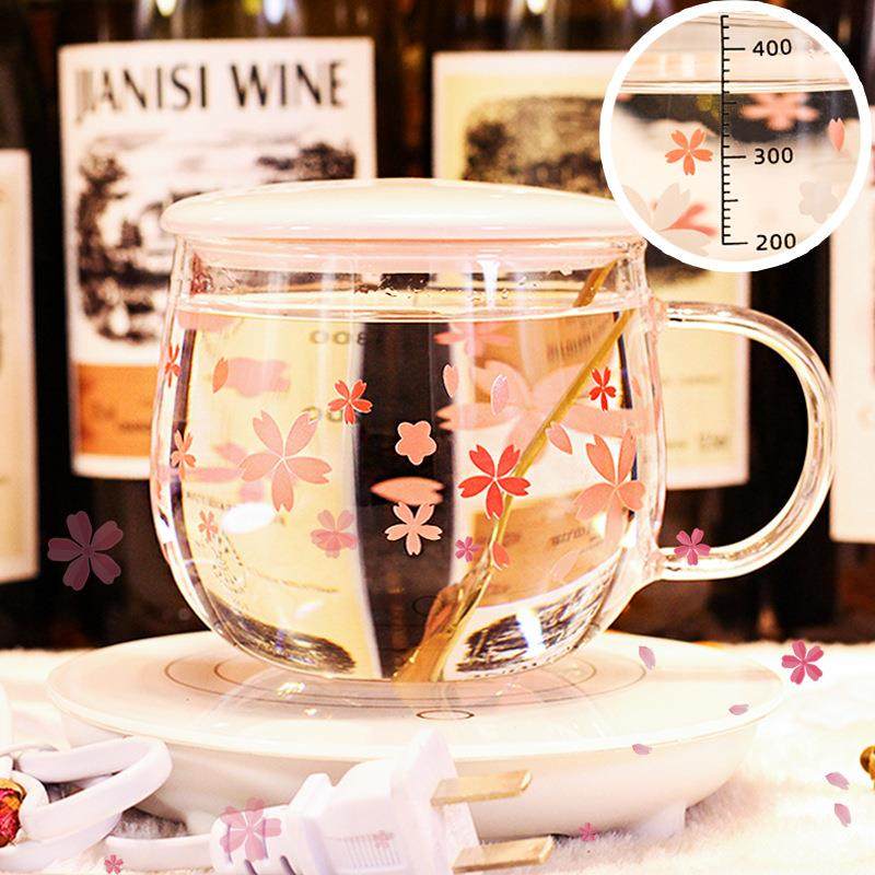 樱花刻度水杯女玻璃杯带把单层带盖泡茶可爱透明耐热牛奶日式大肚,餐饮具,玻璃杯,淘宝优惠券,粉丝福利购,淘宝优惠卷