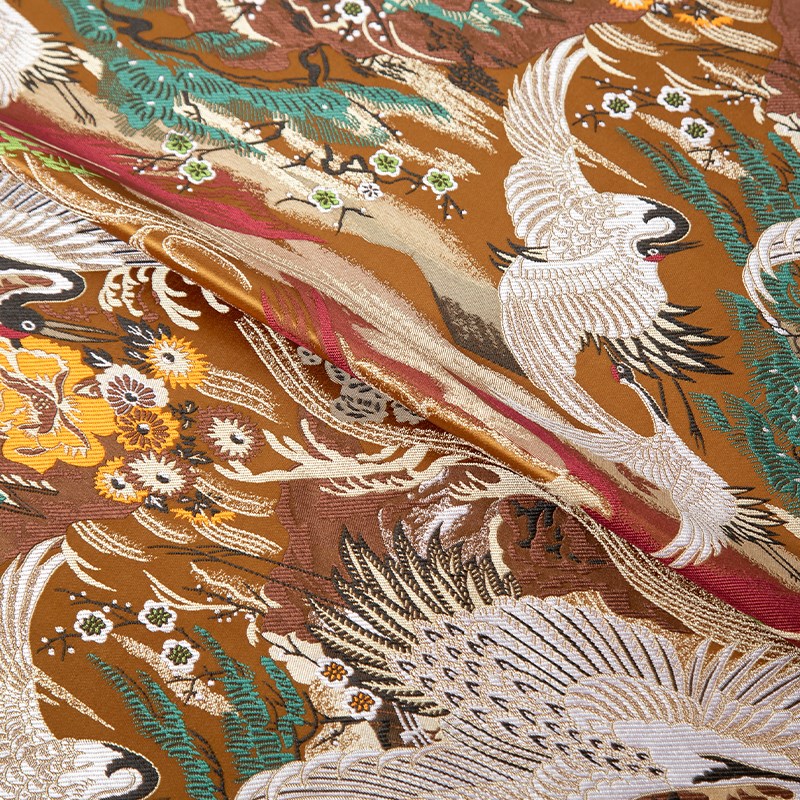 古铜色织金仙鹤扇面吉祥中式和风西阵织面料加厚W织锦缎子布料
