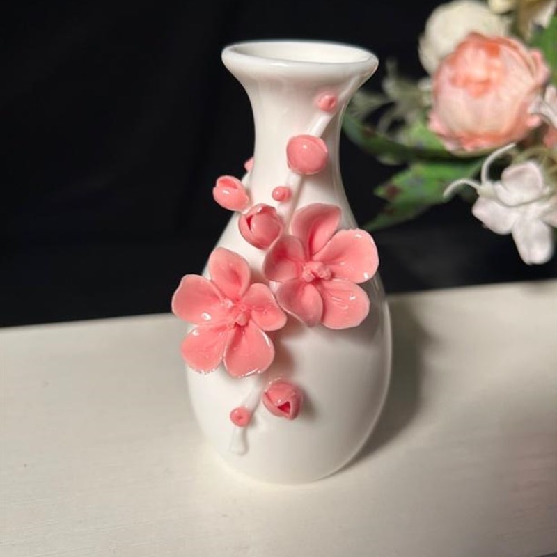 羊脂玉瓷迷你陶l瓷手工工艺捏花花瓶茶桌摆件插花