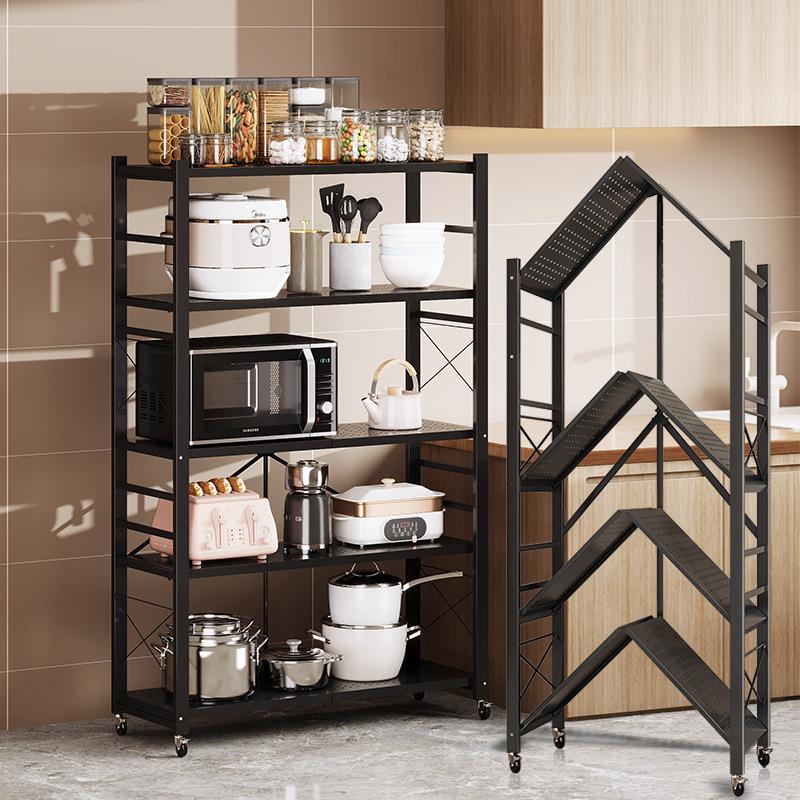厨房置物架多层免安装折叠收纳储物架厨房用品微波炉架子落地家用