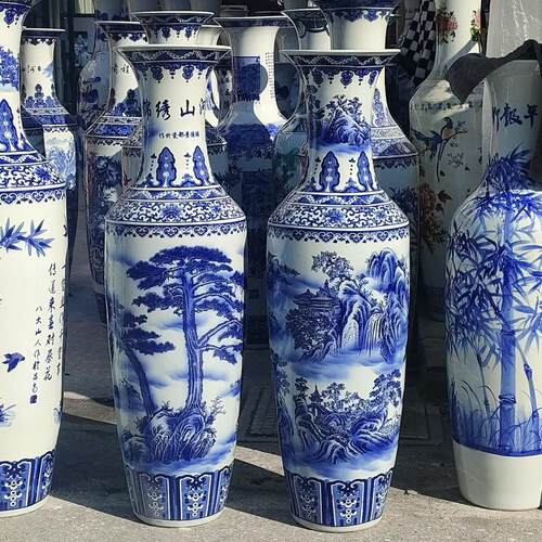 陶瓷大花瓶釉下彩青花瓷花鸟山水富贵平安落地花瓶开业礼品摆件