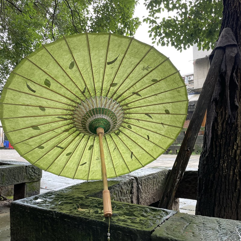 许家油纸伞古法手工纸浸染翠绿色镶嵌植J物干花晴雨两用桐油油纸