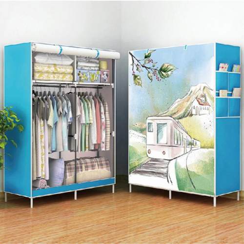 双杆卷帘无纺布简易衣橱家庭宿舍组装衣柜可拆卸钢管加固组合衣柜