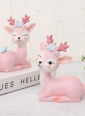 如果 树脂粉色梅花小鹿车载摆件 创意蛋糕装饰卡通鹿摆件